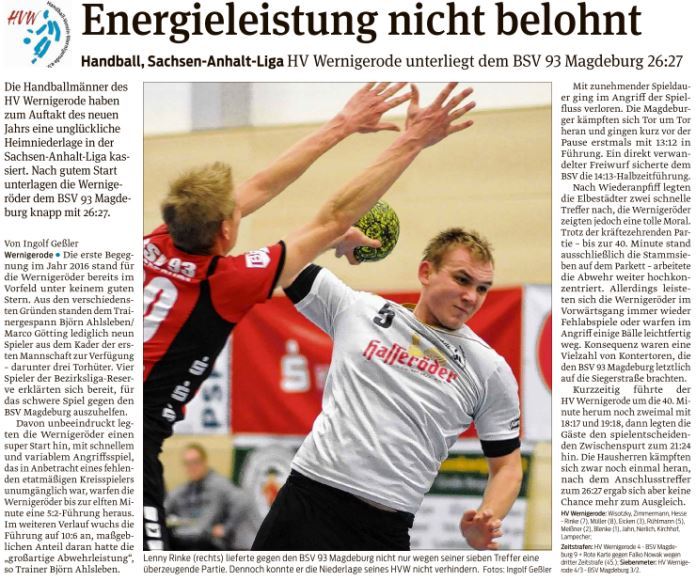Volksstimme Spielbericht zum Match der 1. Mannschaft gegen den BSV Magdeburg